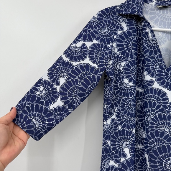 Katherine Way Top Women Small Blue White V Neck 3/4 Sleeve Swim Resort Stretch - Picture 3 of 11